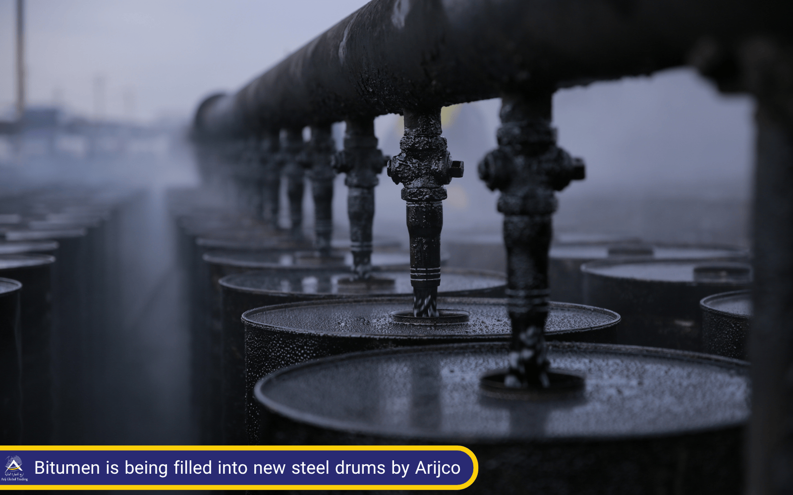 Bitumen Steel Drum Filling Process at Arijco – High-Quality Bitumen Packaging Bitumen being filled into new steel drums at Arijco's facility