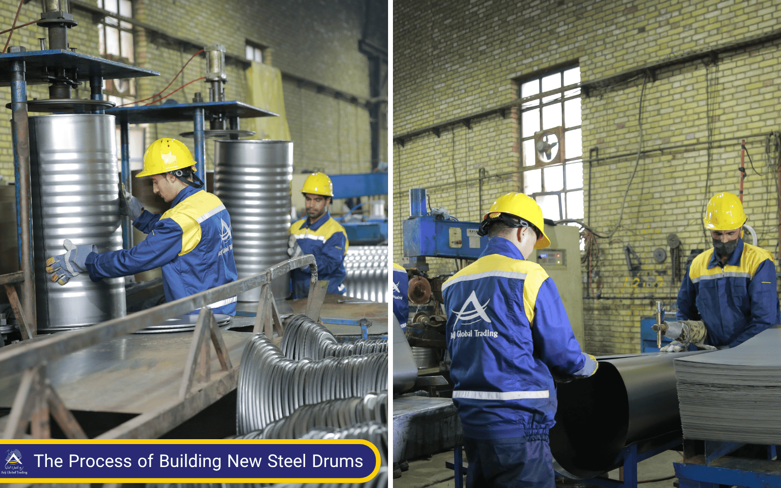 The Process of Building High-Quality Steel Drums for Bitumen Packaging – Arij Global Trading Arij Global Trading workers manufacturing high-quality steel drums for bitumen packaging – a durable and efficient solution for bitumen suppliers, traders, exporters, and producers.