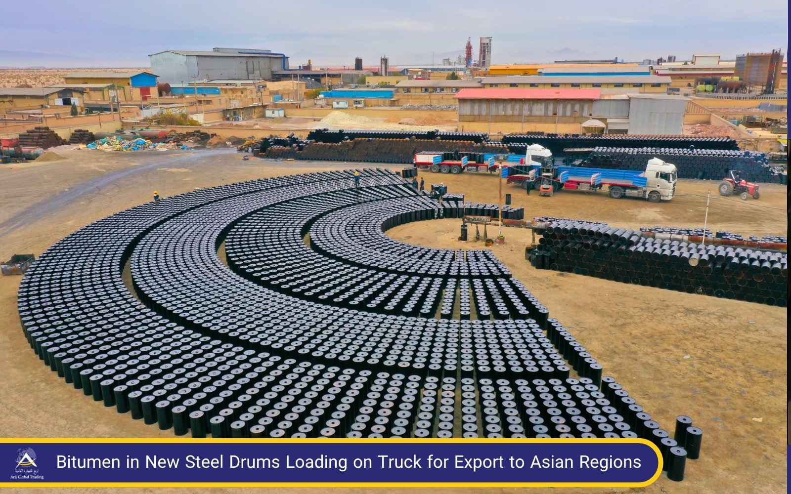 New steel drums of bitumen stacked in the factory, ready for export by Arij Global Trading, a trusted Bitumen Supplier in Asia.