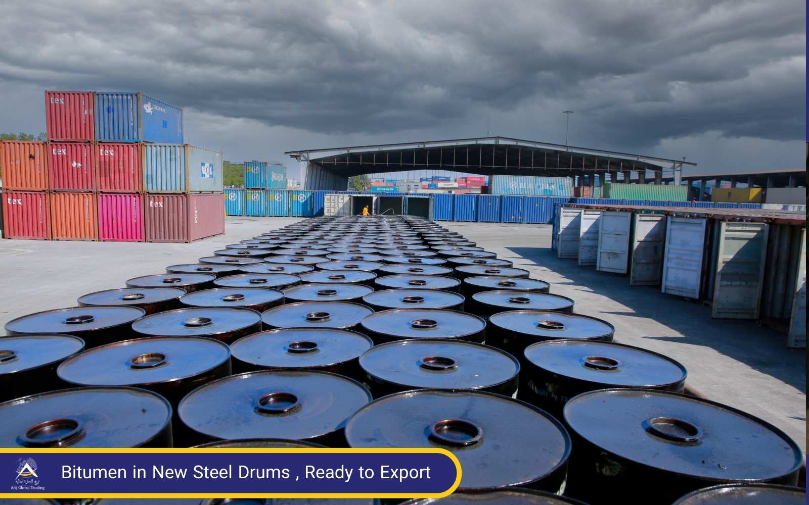 New steel drums of bitumen loaded onto a truck, ready for transport by Arij Global Trading, a trusted Bitumen Supplier in Asia.