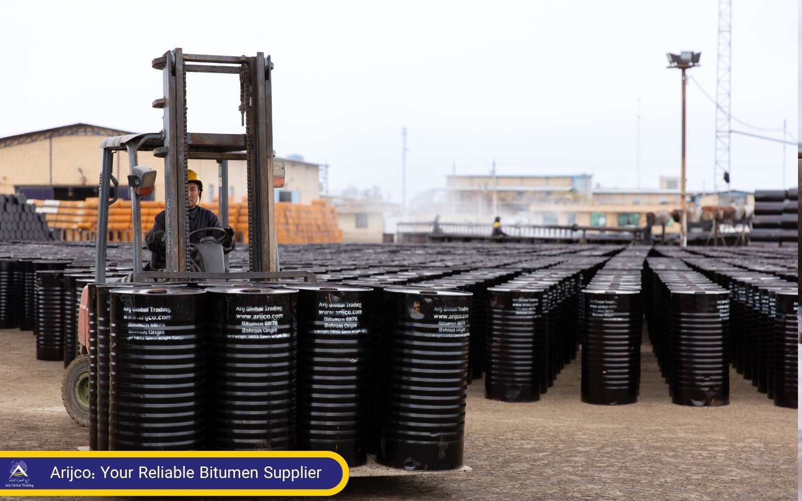 Arijco bitumen in new steel drums, ready for export to Africa as a trusted bitumen supplier. Arijco bitumen packed in new steel drums are ready for export.