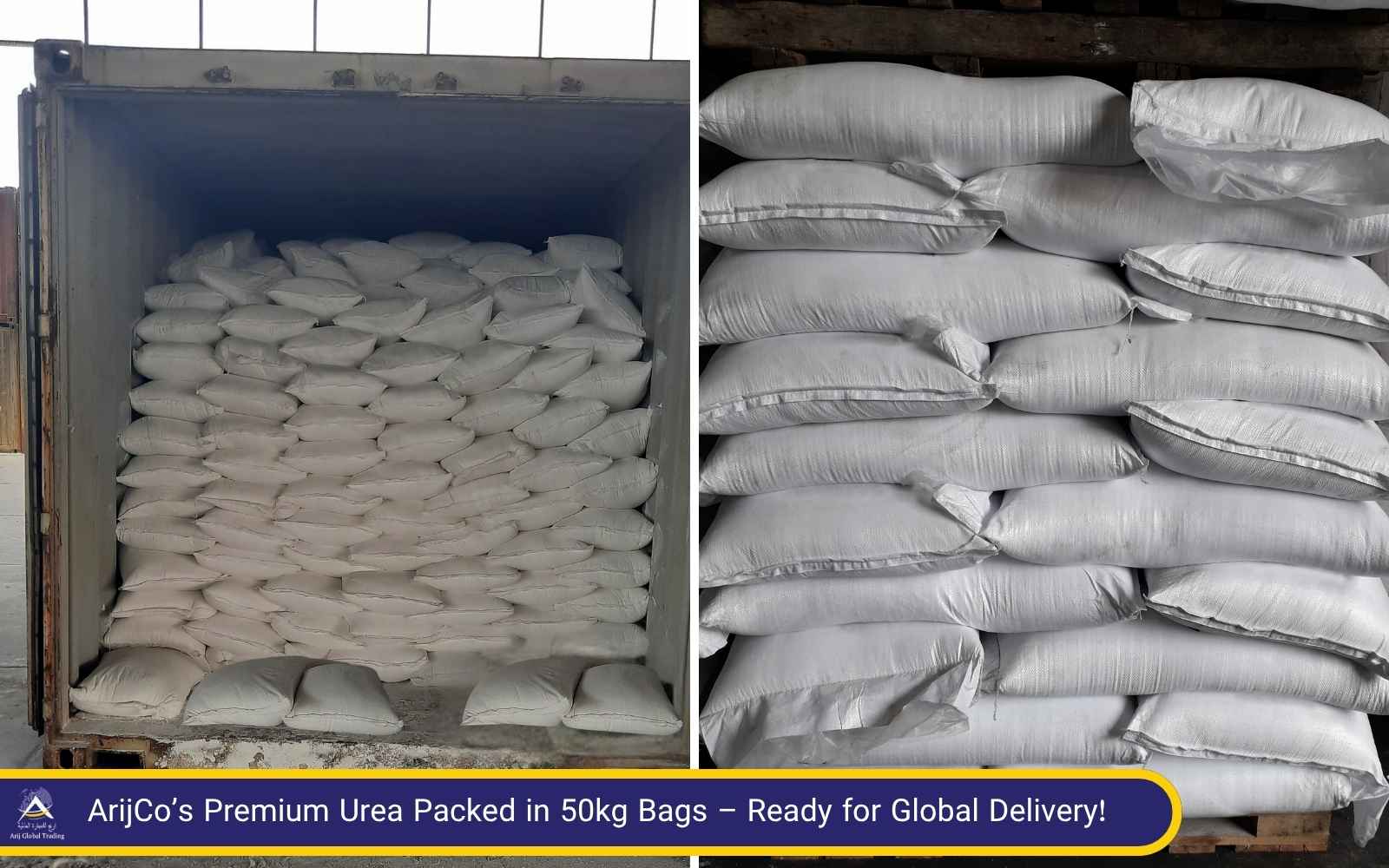 Wholesale Urea Supplier – ArijCo’s 50kg Bag Packaging for Global Container Shipments Side-by-side view of ArijCo’s 50kg urea bags stacked in a container and warehouse, highlighting their efficiency as a wholesale urea supplier