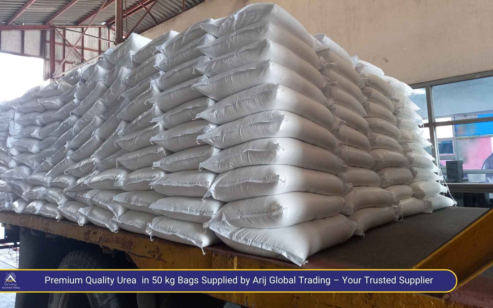 Premium Quality 50 kg Urea Bags Supplied by Arij Global Trading – Your Trusted Urea Supplier Urea bags stacked for wholesale distribution by Arij Global Trading, a trusted Urea Supplier in GCC Region offering high-quality products for global markets.