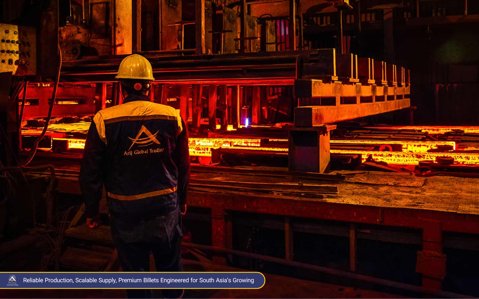 Steel billets being hot-rolled in an industrial steel mill, with a worker in safety gear overseeing production, highlighting premium billet manufacturing for South Asia’s construction industry