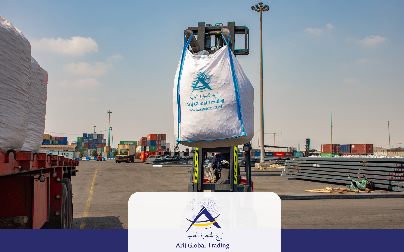 A forklift lifting a heavy-duty jumbo bag of High-Purity Calcined Dolomite branded with the Arijco Global Trading logo at a port yard, ready for export to South Asian steel mills.