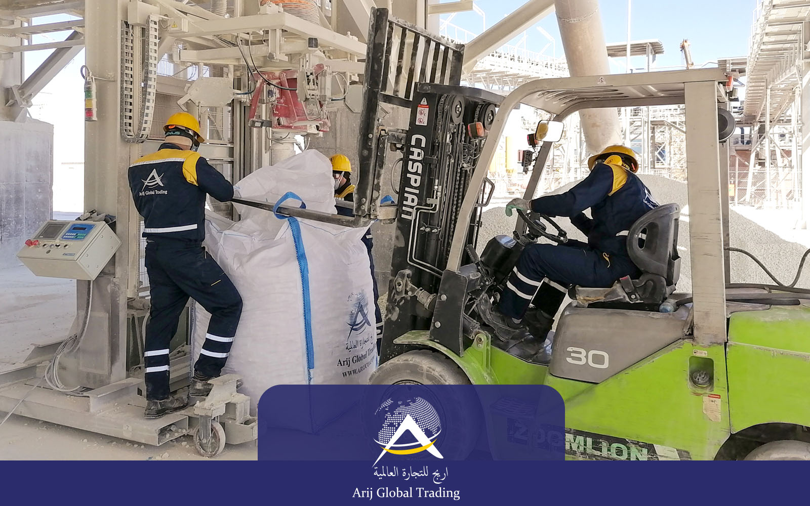 Arijco Industrial workers loading bulk material into jumbo bag using forklift in manufacturing plant with automated filling system