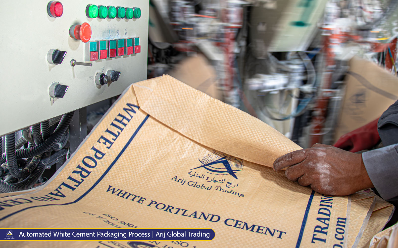 Automated White Cement Packaging Process Automated packaging line for high quality white cement at the Arijco facility, ensuring precise weight and moisture-proof sealing.