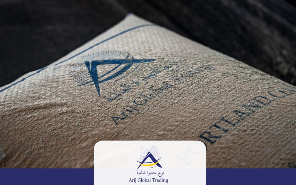 Close-up of an Arijco Trading white cement bag showing the brand logo and export-grade texture for South Asian construction markets.