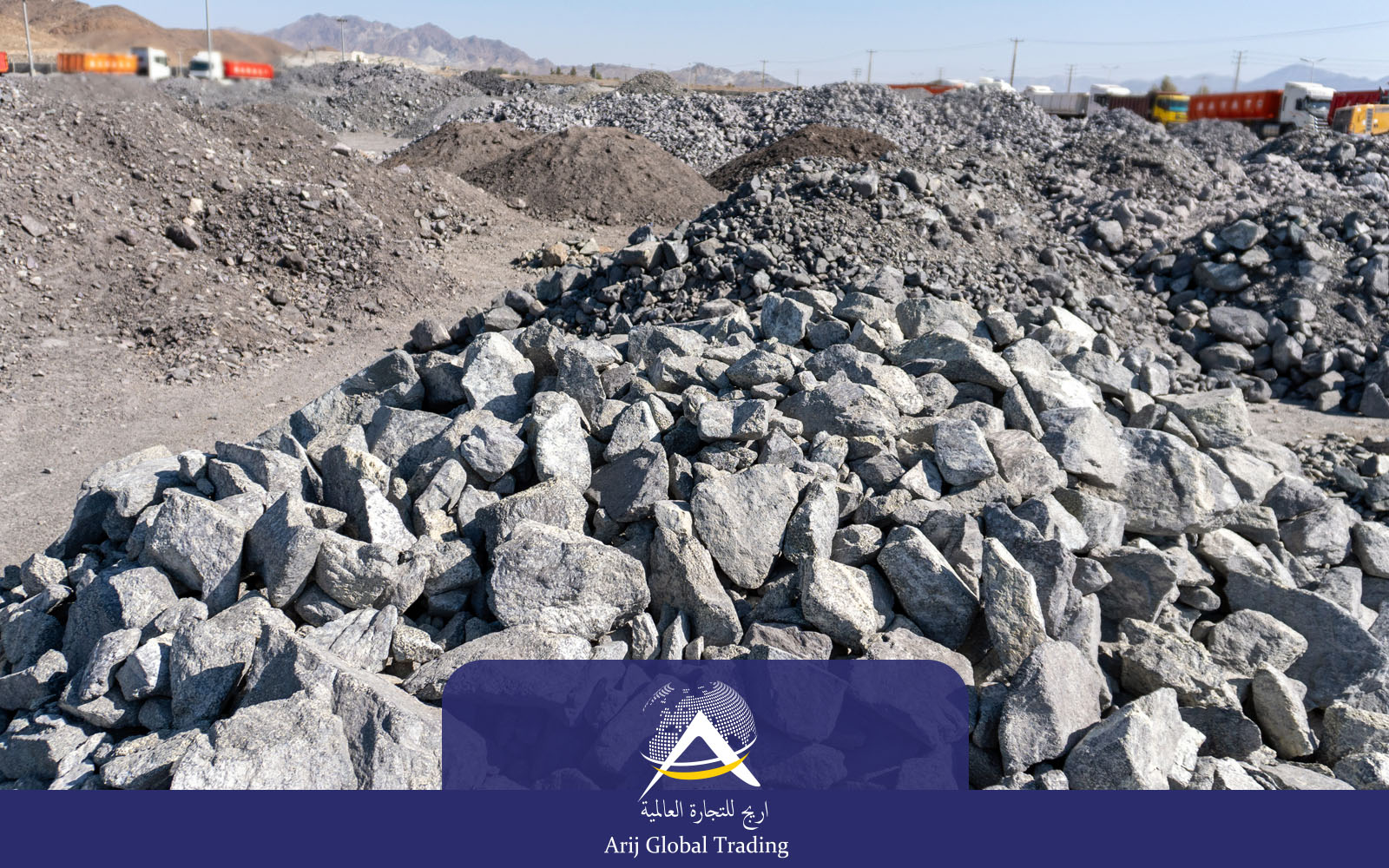 Arijco Global Trading crushed stone aggregates and construction rocks stockpile at mining and quarry site for infrastructure and road construction projects