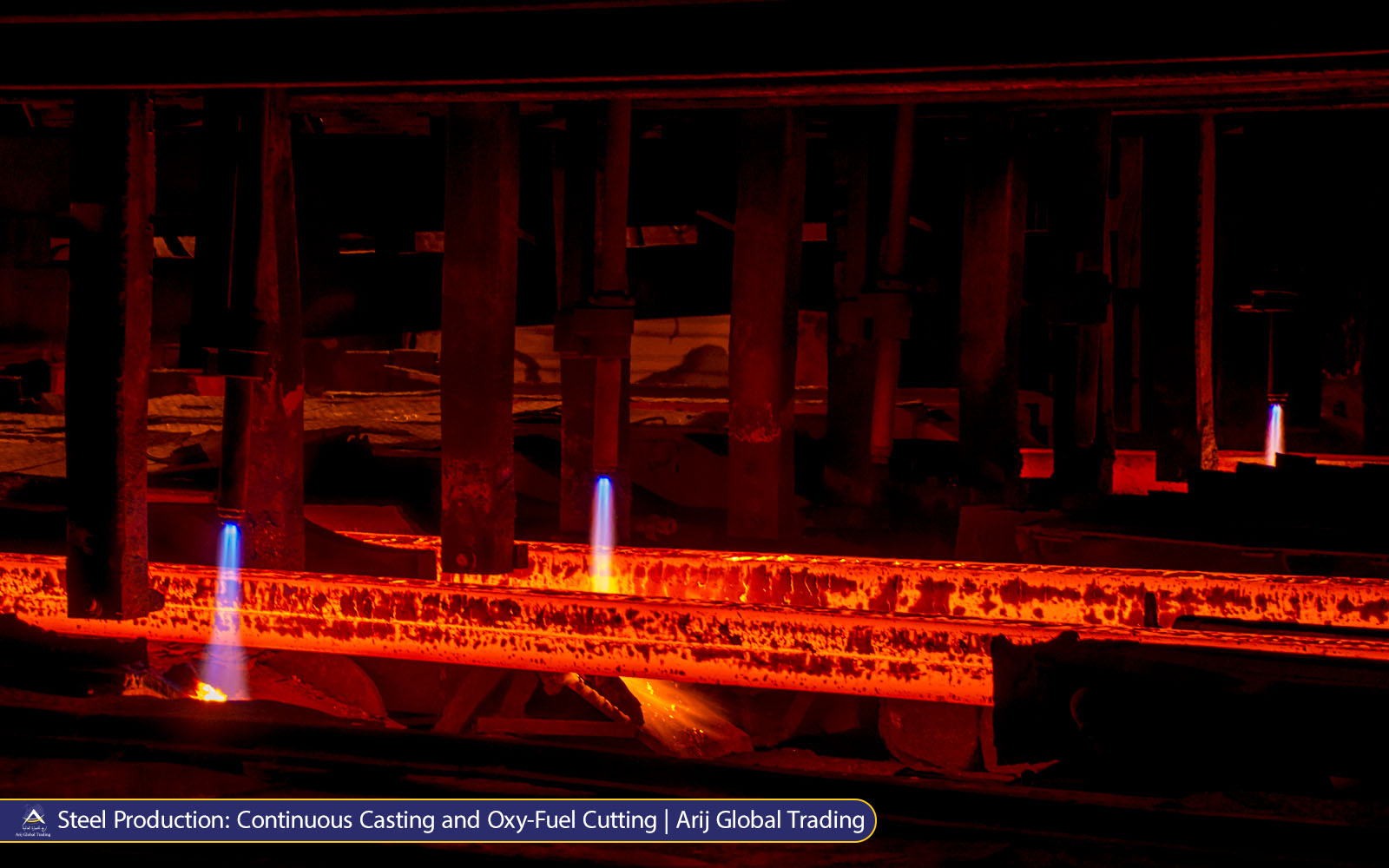 Steel Production: Continuous Casting and Oxy-Fuel Cutting | Arij Global Trading Close-up of red-hot steel beams moving through an industrial mill while oxy-fuel torches cut the heated metal during steel processing operations.