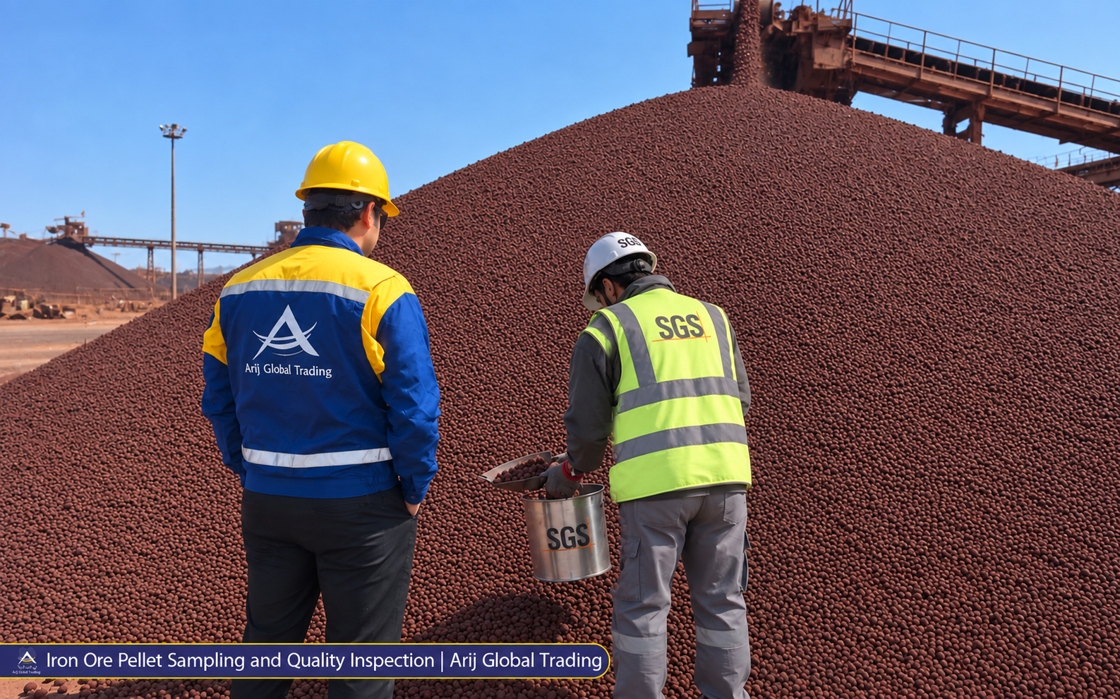 Iron Ore Pellet Sampling and Quality Inspection | Arij Global Trading Arij Global Trading representative observing SGS sampling of reddish iron ore pellets at an industrial stockyard for quality inspection.