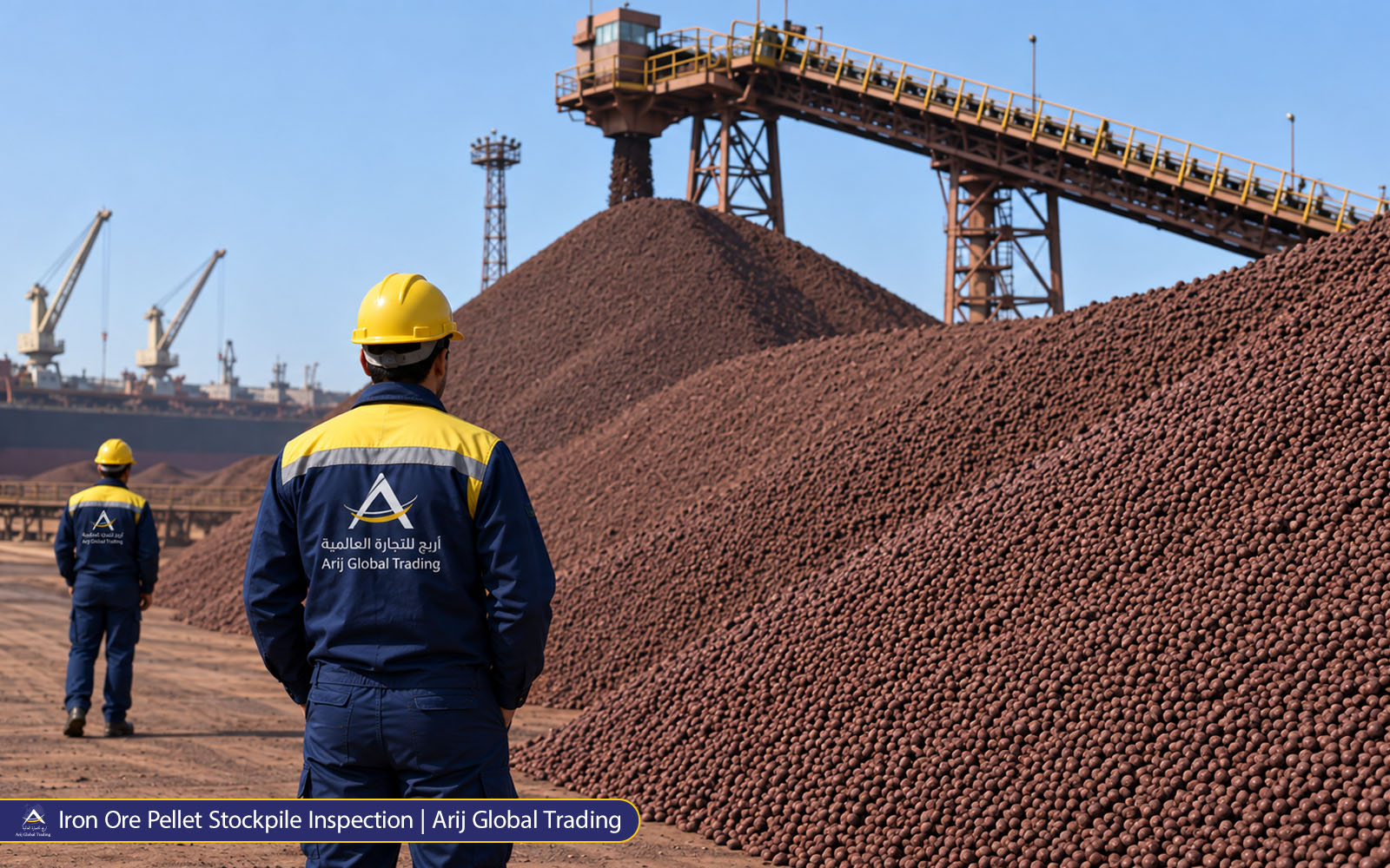 Iron Ore Pellet Stockpile Inspection | Arij Global Trading Arij Global Trading representatives reviewing iron ore pellet stockpiles at a bulk handling terminal, supporting quality-focused sourcing and export coordination.