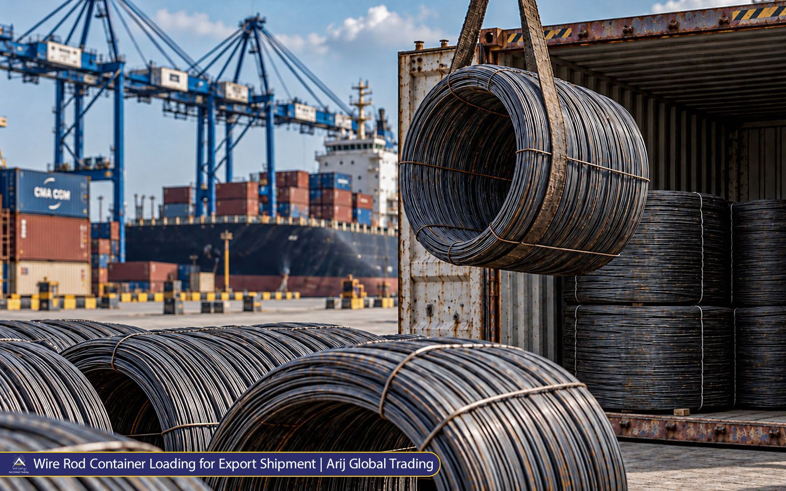 Wire rod coils being loaded into a shipping container at a commercial port for international export.