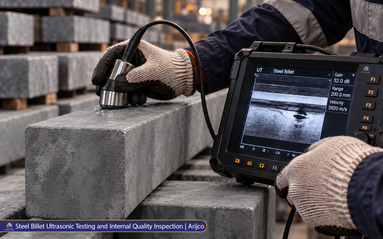 Steel Billet Ultrasonic Testing and Internal Quality Inspection | Arijco Copy Ultrasonic testing of a steel billet using a handheld probe and digital flaw detector to examine potential internal discontinuities. Copy