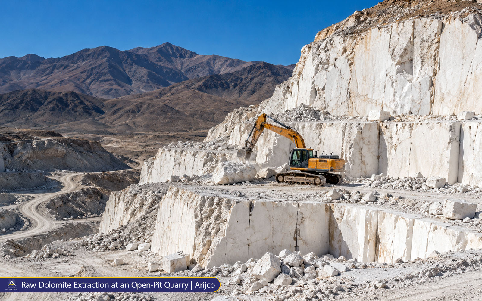 Yellow excavator working at an open-pit dolomite quarry during raw material extraction