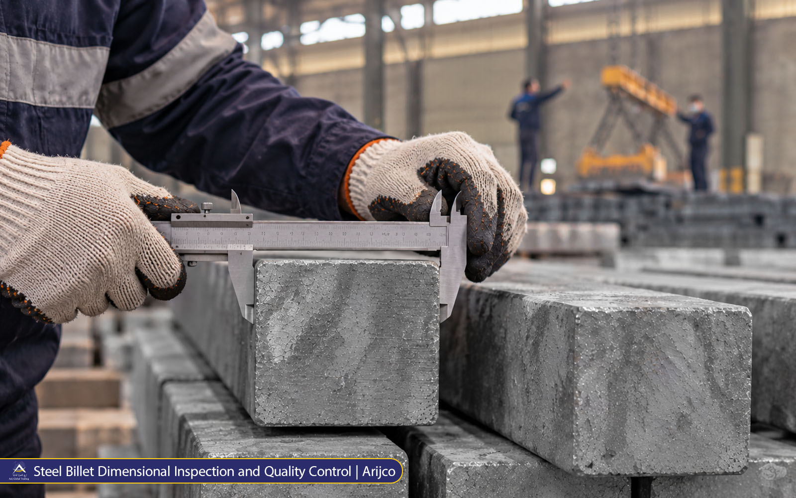 Steel Billet Dimensional Inspection and Quality Control | Arijco Steel billet dimensional inspection using a caliper to check the square cross-section against specified tolerances.