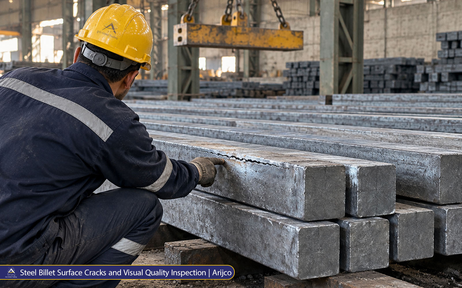 Steel Billet Surface Cracks and Visual Quality Inspection | Arijco Steel billet surface crack inspection showing a worker in a yellow safety helmet examining a square steel billet with a visible crack in an industrial warehouse.
