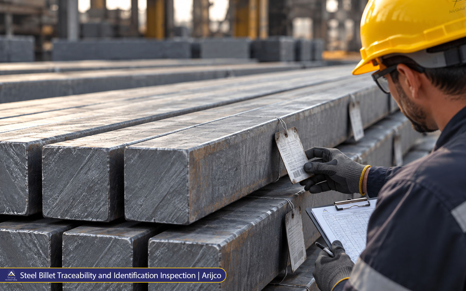 Steel Billet Traceability and Identification Inspection | Arijco Steel billet traceability inspection showing a worker in a yellow safety helmet checking an identification tag against a clipboard beside stacked square steel billets.