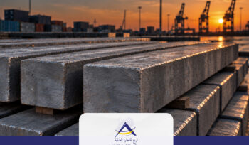 Stacked square steel billets with silver-gray metallic surfaces at an industrial export port during sunset, featuring Arij Global Trading branding.