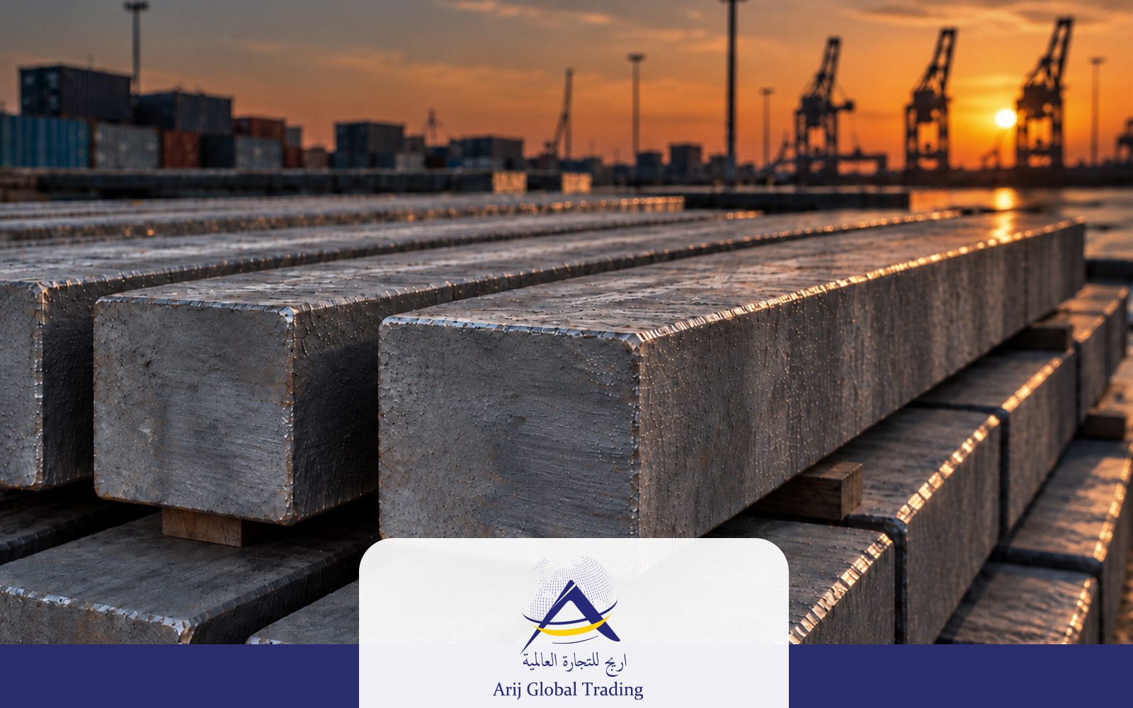 Stacked square steel billets with silver-gray metallic surfaces at an industrial export port during sunset, featuring Arij Global Trading branding.